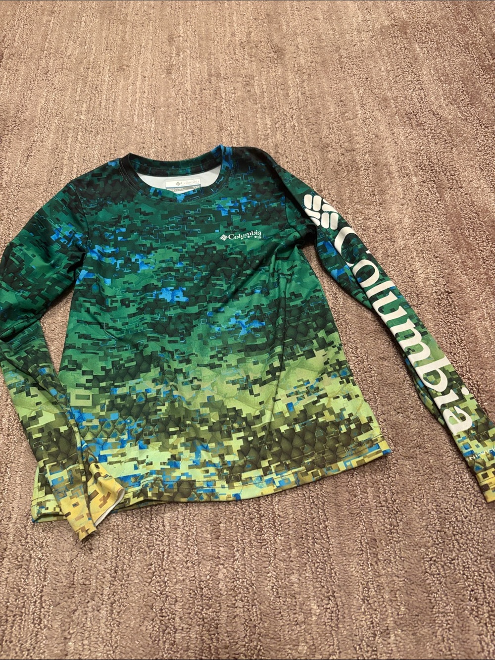 Columbia Green and Blue Pixel Camo Long Sleeve Tee